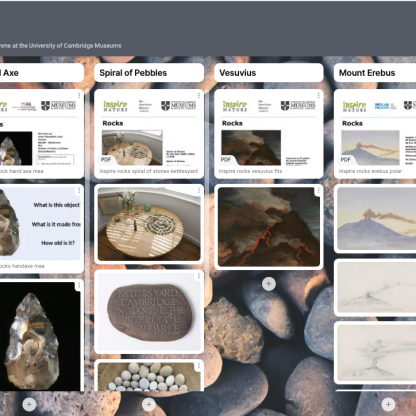 Padlet with selection of objects on the theme of 'Rocks' including gravel, handle, pebbles and images of volcanoes